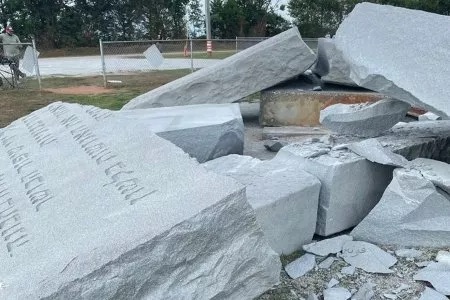 Collapsed rubble of the Georgia Guidestones after the blast in July 2022